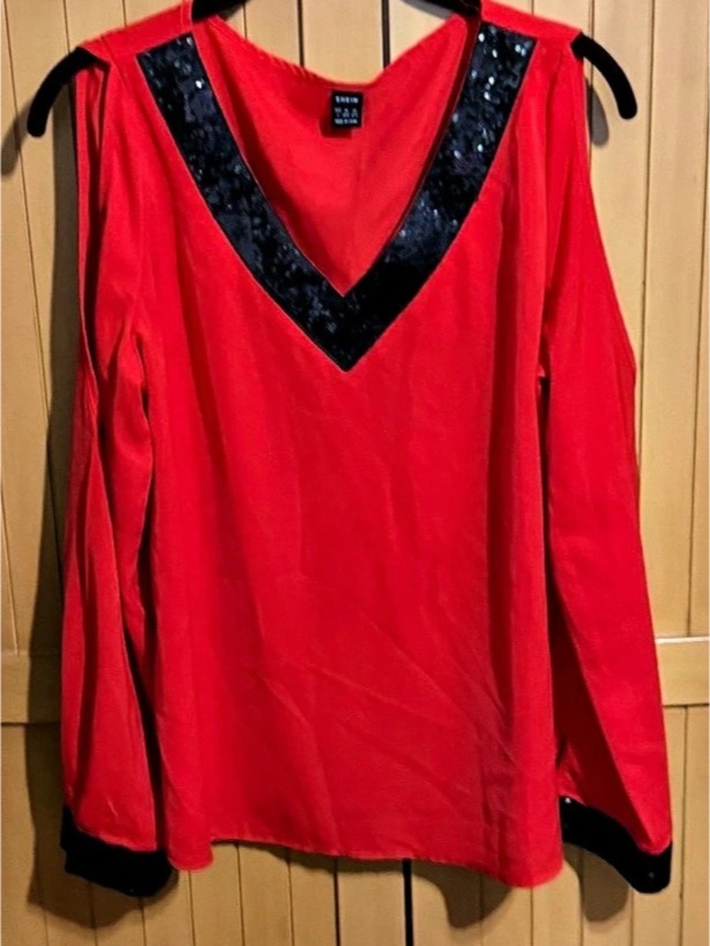 Contrast Sequin Cold Shoulder Blouse Red & Black large
